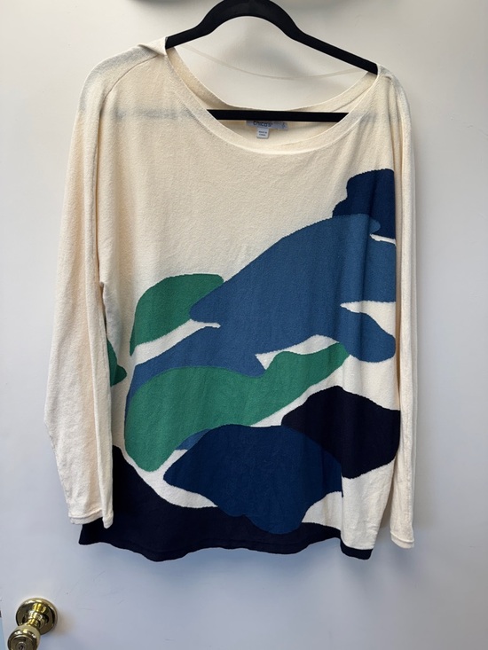 Chico's Sweaters - Chico's Cream Crewneck Sweater with Blue and Green Abstract Print